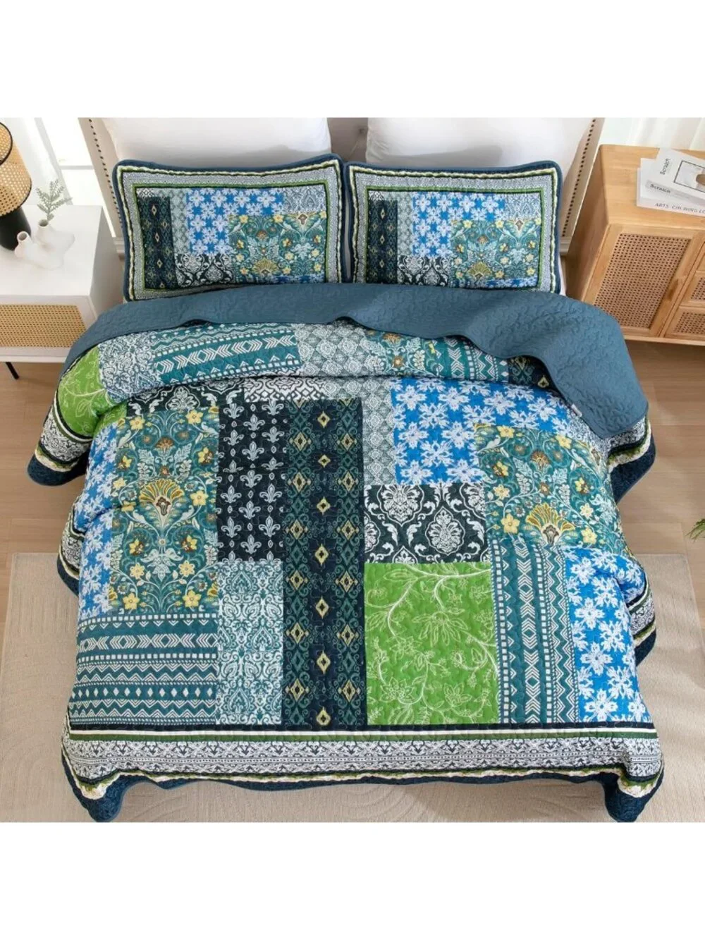 Boho Teal Patchwork Quilt Set, Reversible Lightweight Coverlet & 2 Pillow Shams